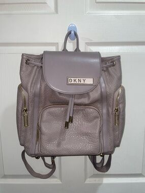 DKNY Taupe Gray Mauve Pebbled Leather Backpack Gold Hardware Multi Pocket